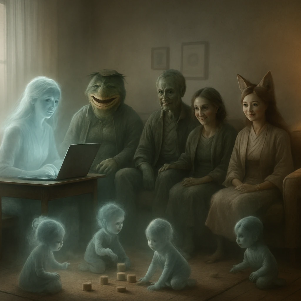 幽霊や妖怪の親たちがリビングで子どもたちを優しく見守っている写真風イメージ。