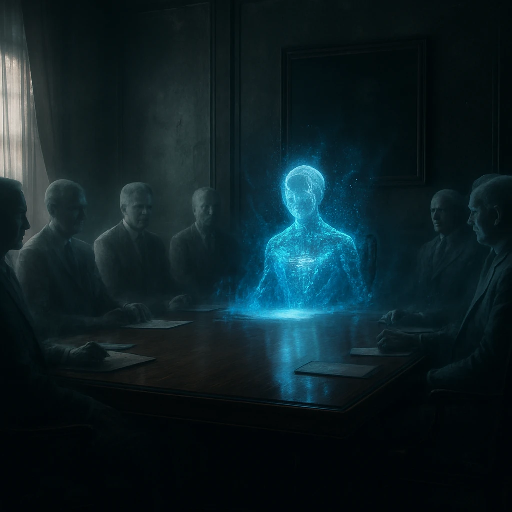 薄暗い会議室で幽霊の重役たちと光り輝くAI幻霊が会議テーブルを囲む様子の写真。