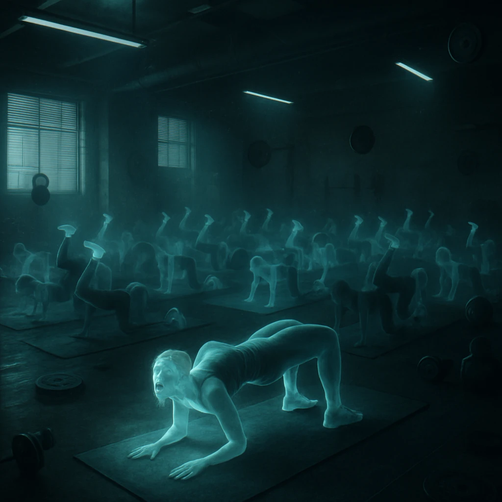 薄暗いジムで半透明の幽霊たちがヨガマット上でトレーニングをしている様子。