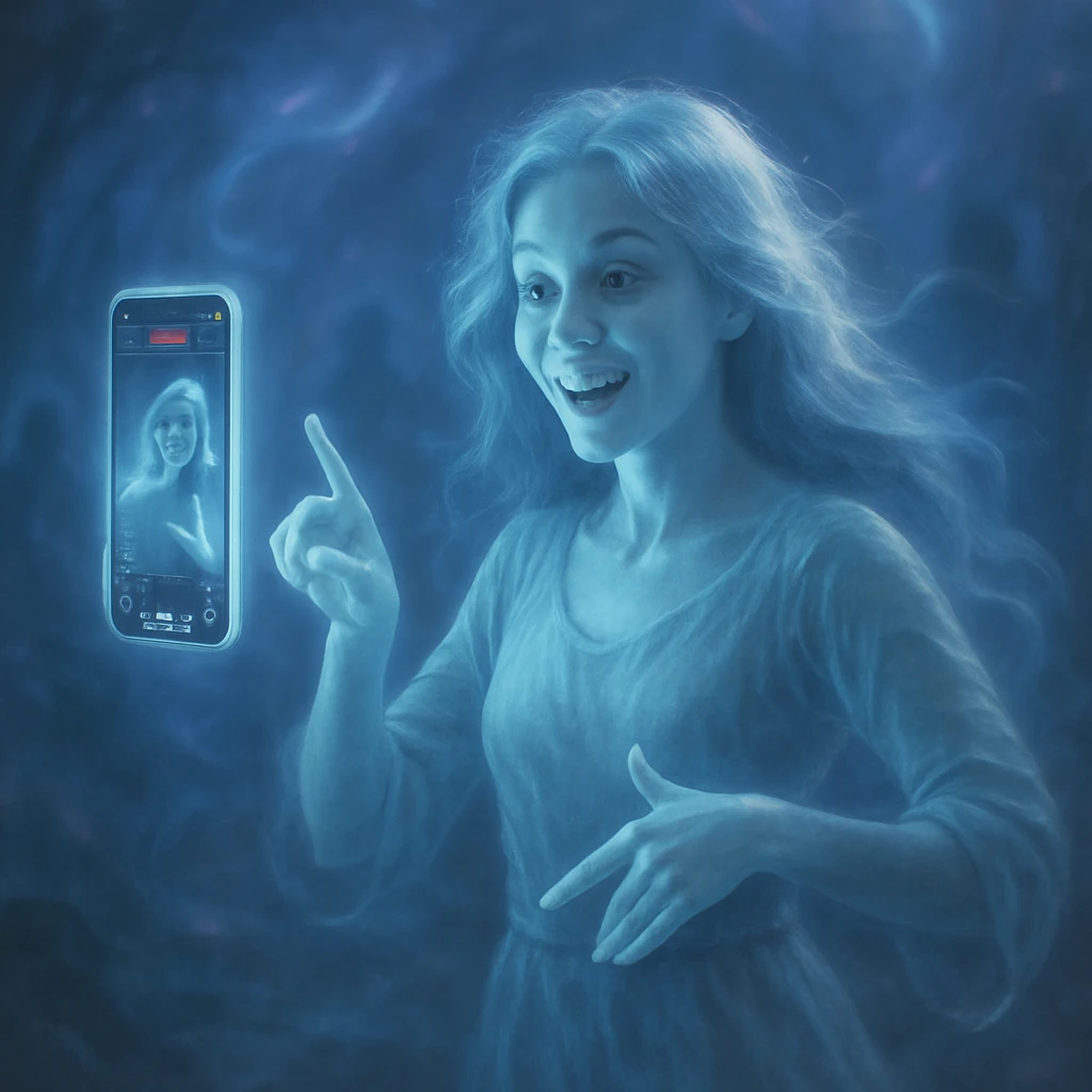 薄く透き通る若い女性の幽霊が、不思議な光に包まれた霊界の中でスマートフォンに向かってダンスを踊っている写真風画像。