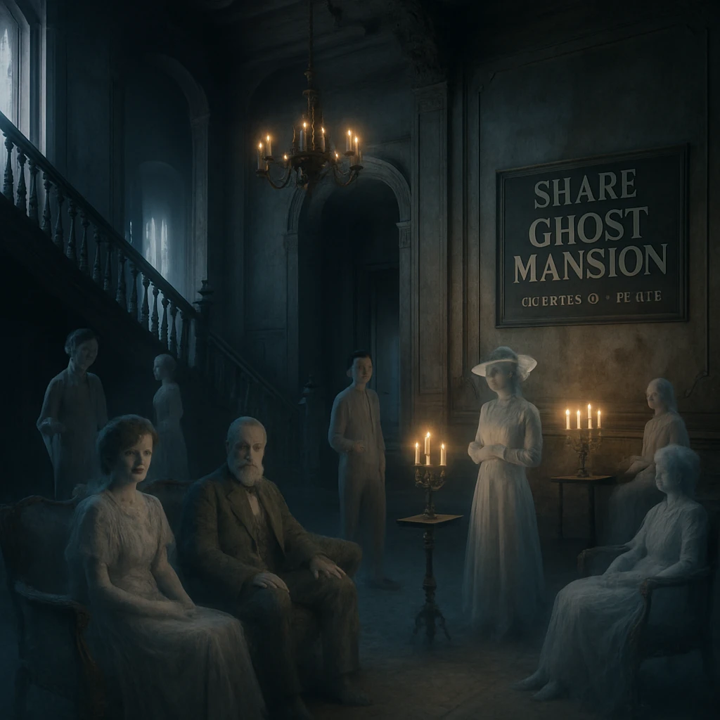 西洋風の古い幽霊屋敷の中で複数の幽霊たちがリラックスして集まっている写真風イメージ。