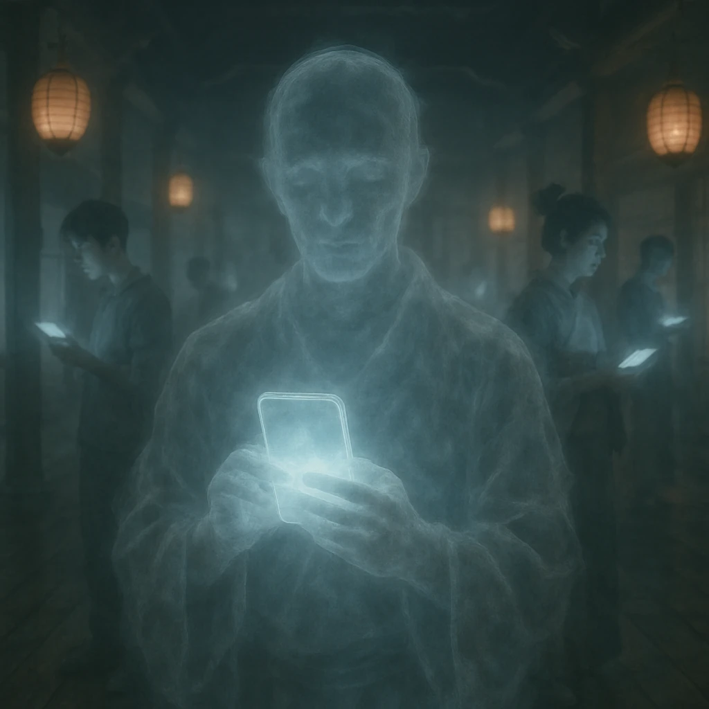 伝統的な日本の建物内で、半透明の幽霊たちが発光するスマートフォンやタブレットで投票操作をしている様子。