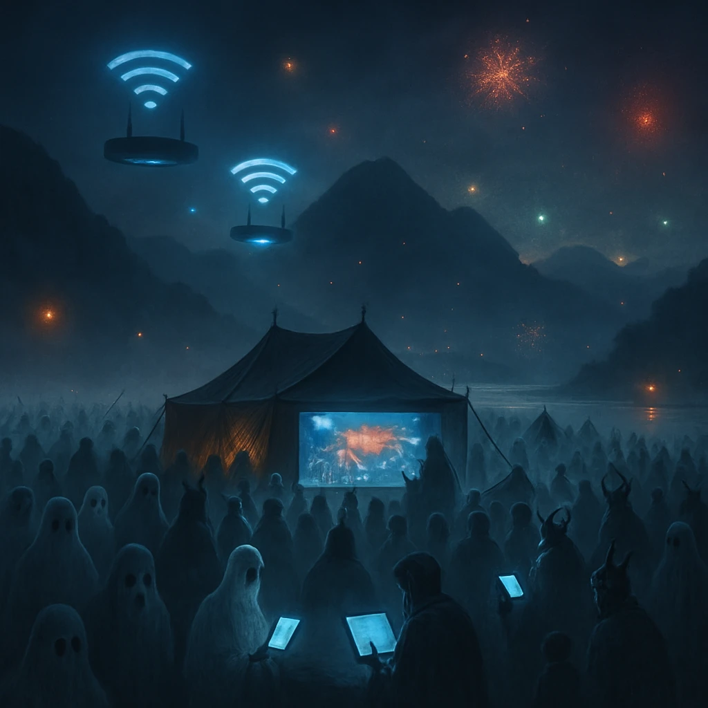 霧のかかった河原に幽霊や妖怪が集まり、発光するデジタル画面を見つめている大規模な避難訓練の様子。