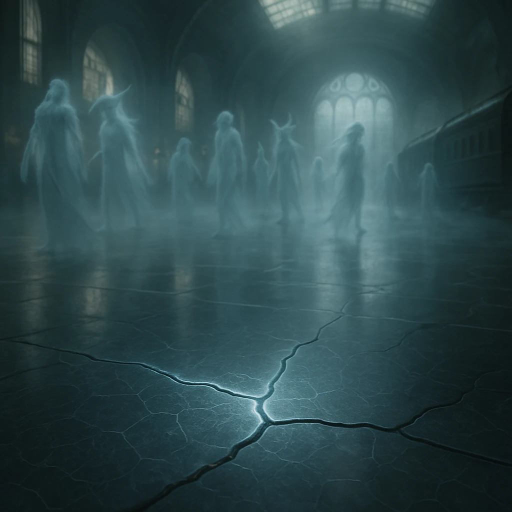 幽界の大きな駅のプラットフォームで、発光しながらひび割れを自己修復する床タイルと、歩く半透明の幽霊たちを写した写真。