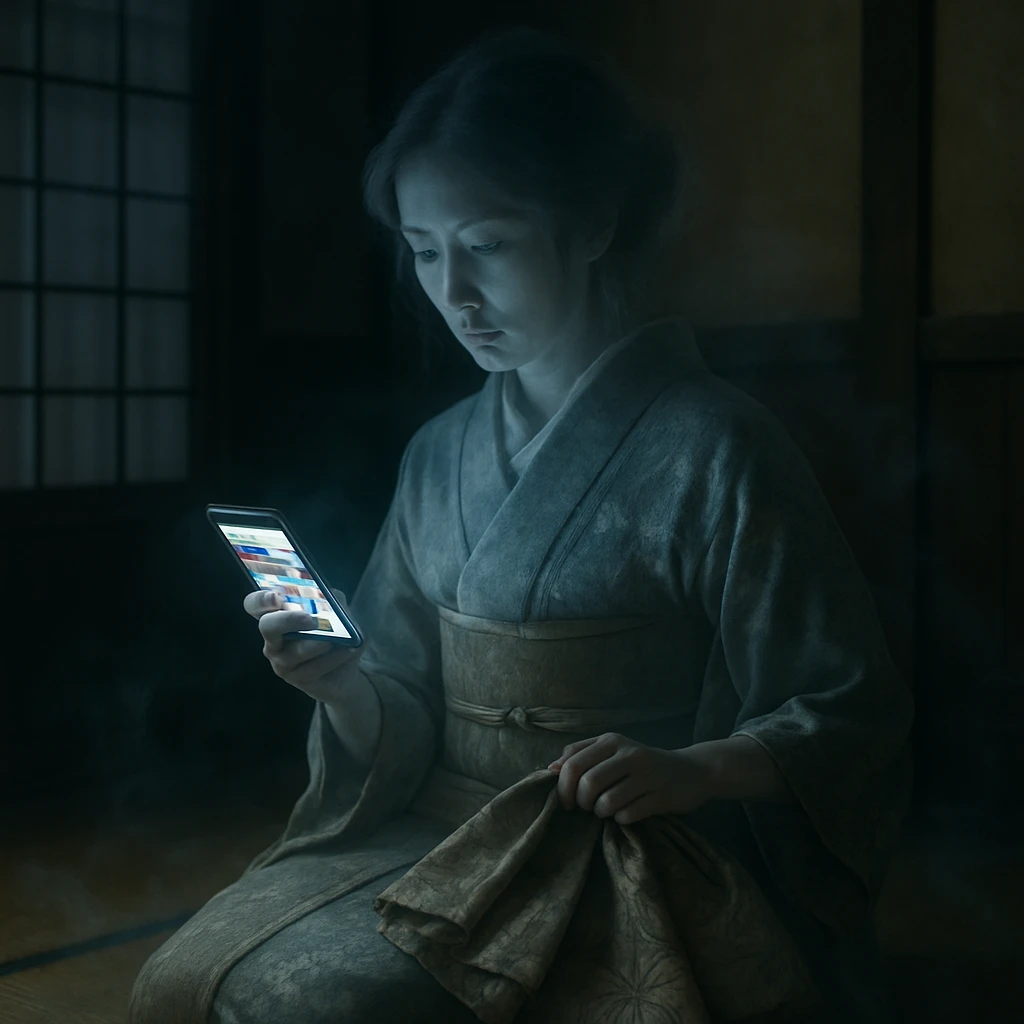 夜の和室でスマートフォンを操作しながらレトロな振袖と古着を手に持つ半透明の女性幽霊のリアルな写真風イメージ。