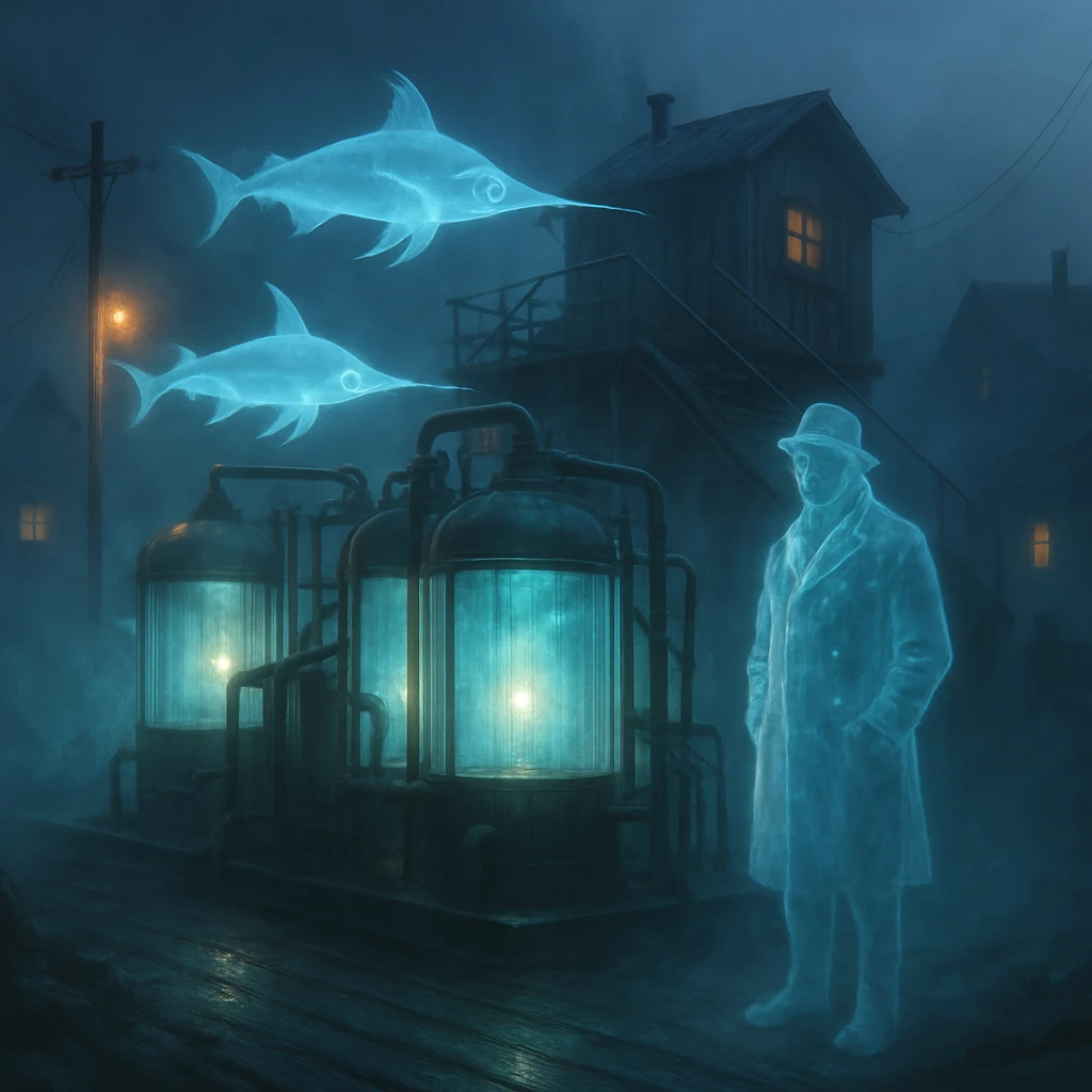 夕暮れの霧に包まれた漁村で、透明な秋刀魚の幽霊が漂い、工場前に幽霊漁師が佇む幻想的な発電プラントの写真。