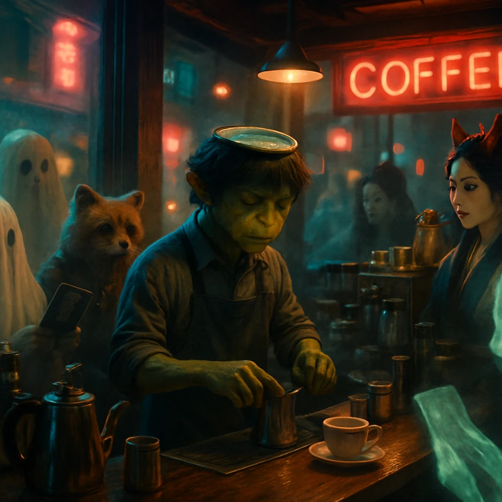 夜のネオンが光る幻想的なカフェで、河童のバリスタが幽霊や妖怪たちにコーヒーを淹れている様子。
