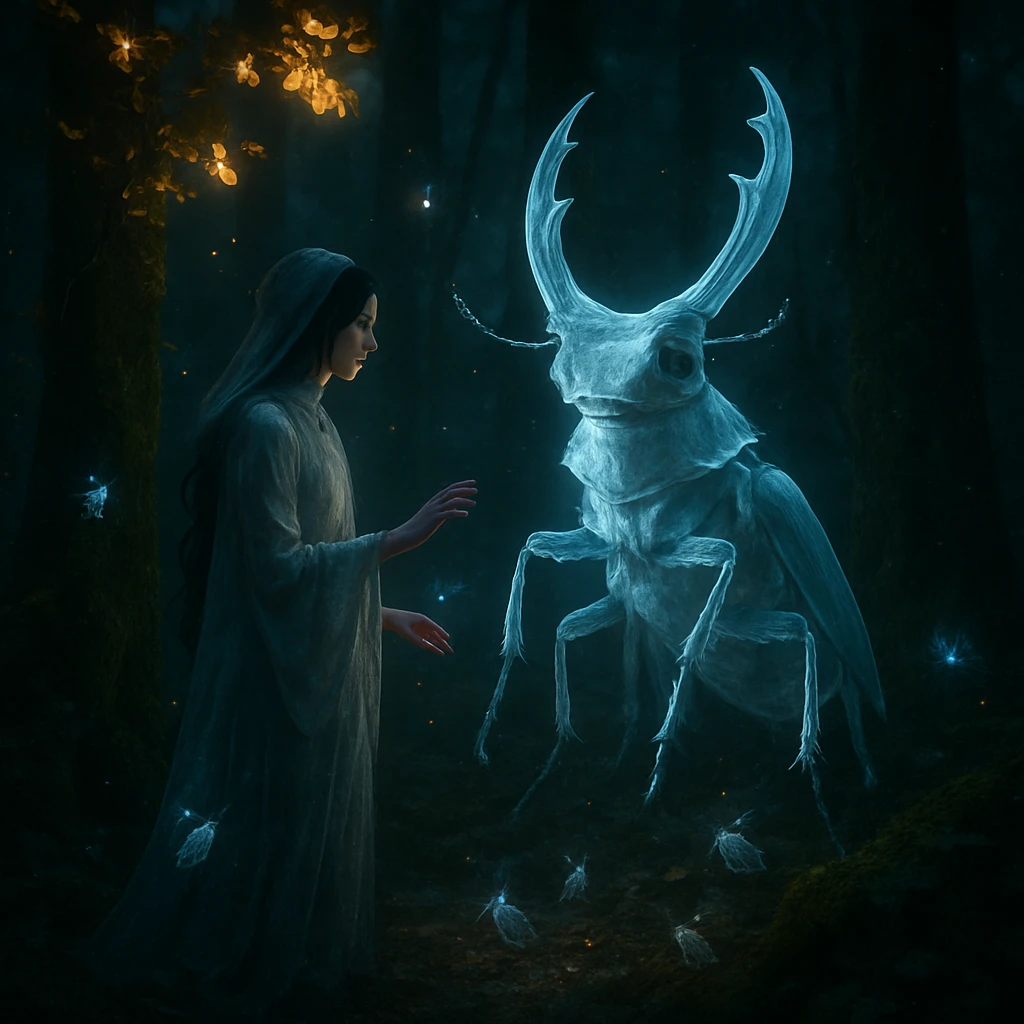 夜の幻想的な森で、幽霊の女性と巨大な精霊カブトムシが協議し、小さな幽霊昆虫たちが周囲に集まっている様子。