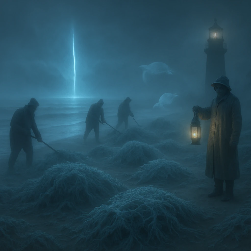 夜明け前の砂浜で、幽霊の漁師や灯台守が青白い海藻の山を回収している写真風の光景。