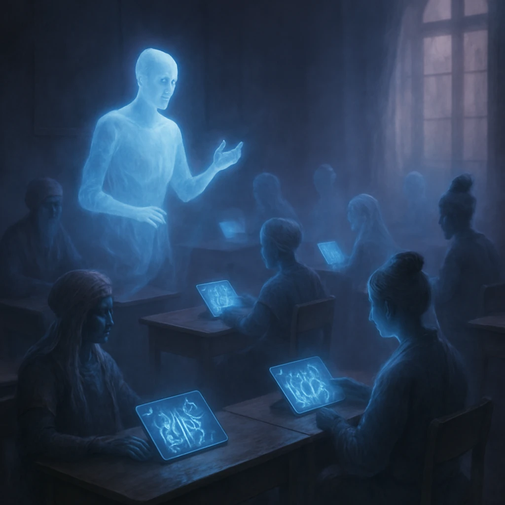 半透明な幽霊の生徒たちが夜の教室でデジタル教科書を操作し、浮遊するAIゴースト先生が前方で指導している様子。
