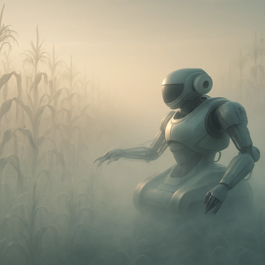 朝焼けの中、宙に浮かぶ畑でトウモロコシが霧のように透けて消えかけている様子と、作業中の白く半透明な収穫ロボットが写っている写真。