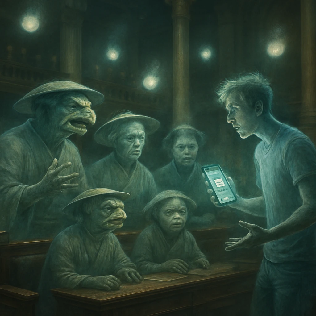 霧の立ちこめる議場で複数世代の河童家族やスマホを持つ現代風妖怪が議論する様子。