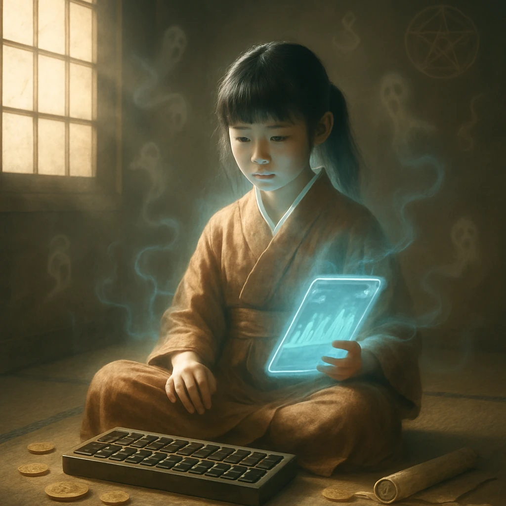 和風の古い座敷で、座敷童子風の少女がタブレットと帳簿に囲まれて財産管理をしている様子のリアル風合写真。