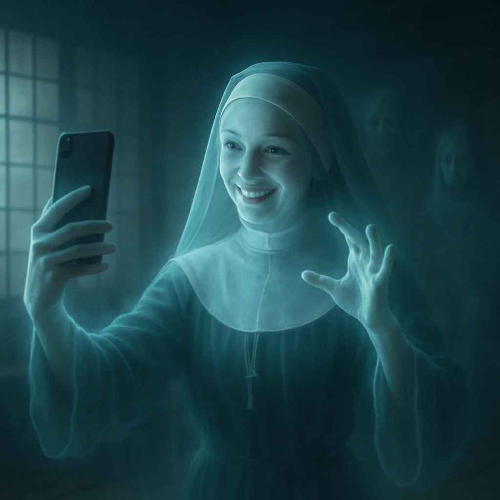 古い修道服を着た若い女性の幽霊が、薄暗い和室でスマートフォン片手に楽しげに自撮りをしている様子。
