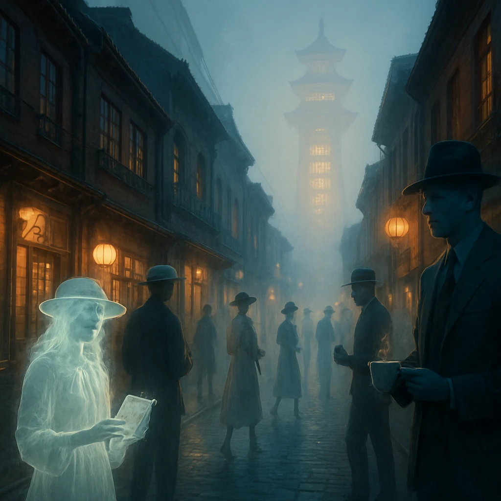 霧に包まれたレトロな通りを、透明な幽霊たちが珈琲カップや御朱印帳を手に楽しそうに歩いている写真風の一場面です。