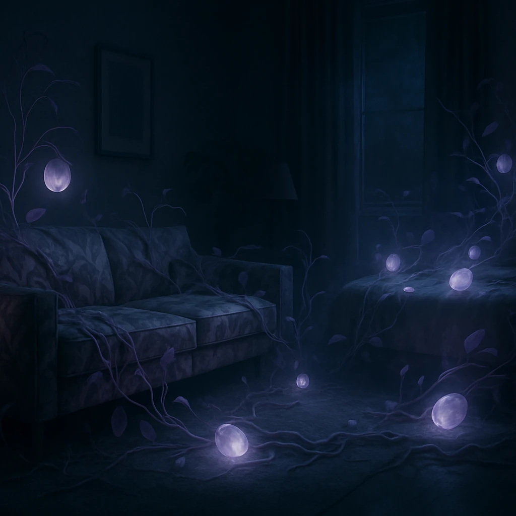夜のマンションのリビングで、葉模様のソファやベッドが淡い紫色の芽と半透明の光る果実に覆われている様子。
