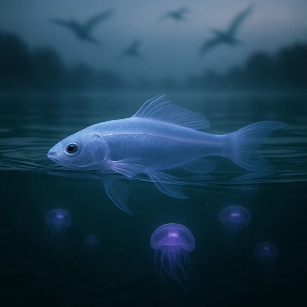 湖面近くで発光する幽ミズカマスが泳ぎ、背後に紫色の光を放つクラゲや幽体の野鳥が漂う幻想的な湖の様子。