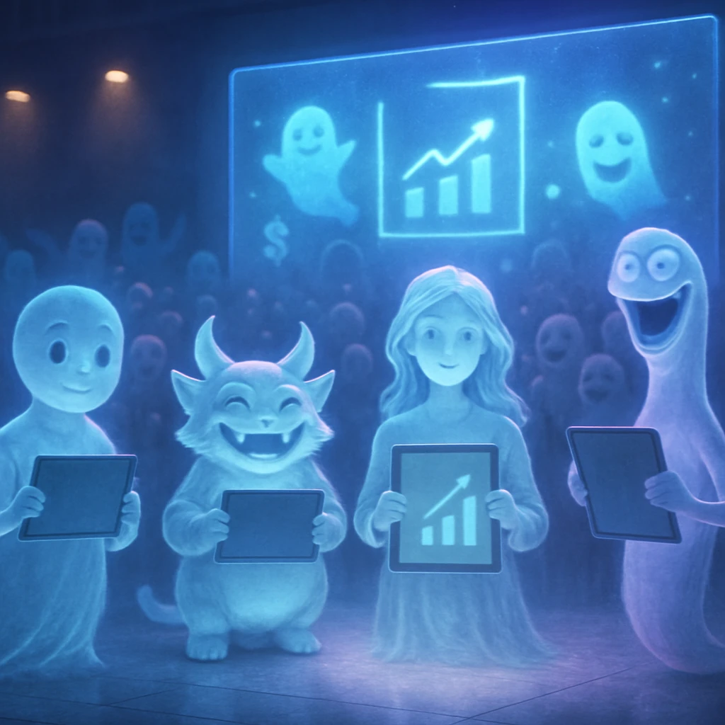 未来世代の幽霊や妖怪たちがステージ上でプレゼンテーションを行い、客席の仲間たちが見守る様子のリアルな写真風画像。