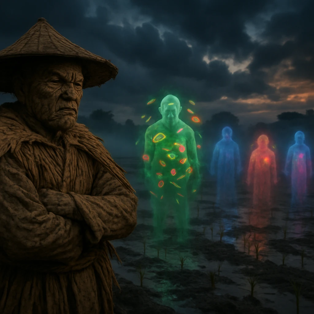 夕暮れの田畑で、伝統的な装いの泥霊とカラフルな食物幽霊たちがにらみ合っているリアルな写真風シーン。