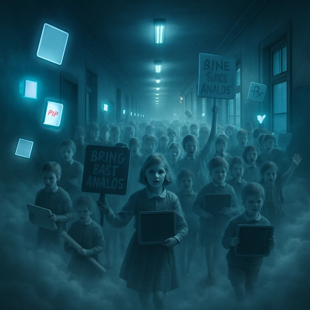 雲の上に浮かぶ廊下で、幽霊児童たちが黒板や紙の巻物を掲げてデモ行進している様子。