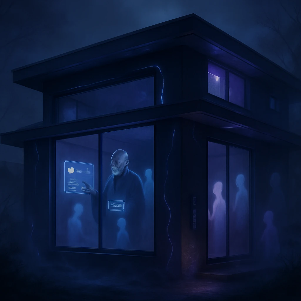 霊魂型バッテリー搭載の近未来スマートホームの窓越しに、妖怪や幽霊が浮遊する姿が夜霧の中に見える写真。