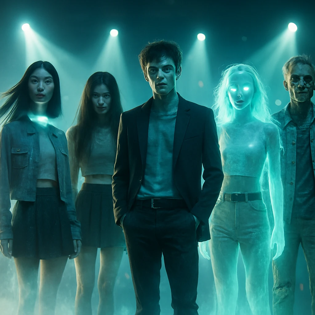 幽霊や妖怪、精霊、ゾンビが集まったK-POPグループが幻想的な光に包まれたステージに立つ写真風の画像。