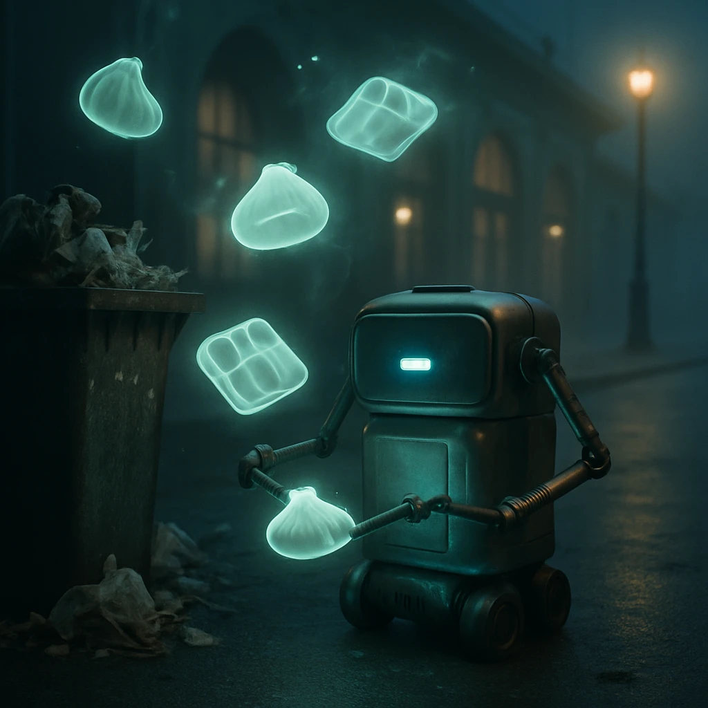 夜の幽都駅前で、発光するランチボックス型ロボットがゴミ箱付近の食べ残しの霊を回収している様子。