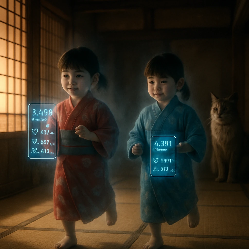 薄暗い旧日本家屋の座敷で、半透明の座敷童子たちが着物姿でランニングし、浮かび上がるアプリ画面を見つめている様子。