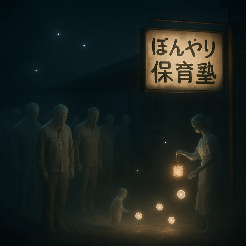 ぼんやりと光る保育塾の前で、半透明の幽霊保護者たちが夜に静かに行列している様子。