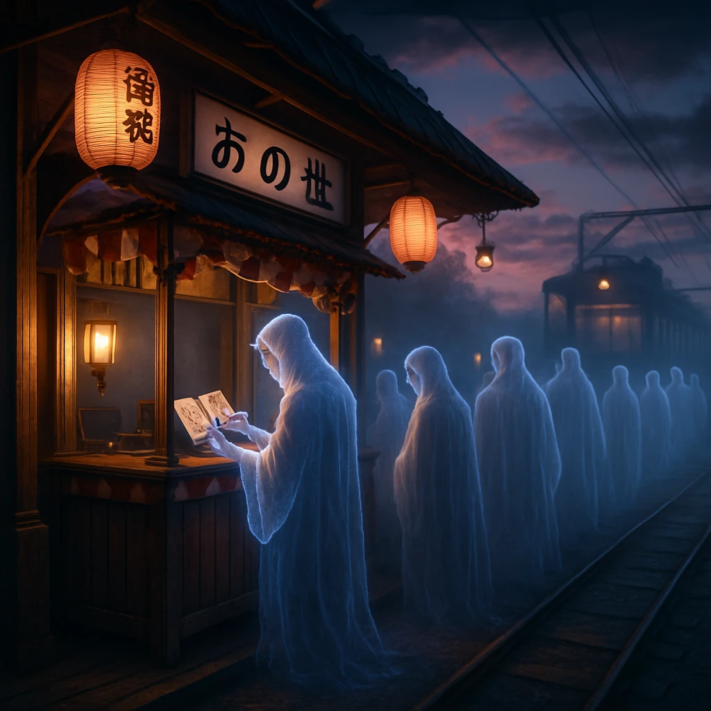 幽界新幹線のホームで、幽霊たちが御朱印を集めるために列を作っている写真風のビジュアル。