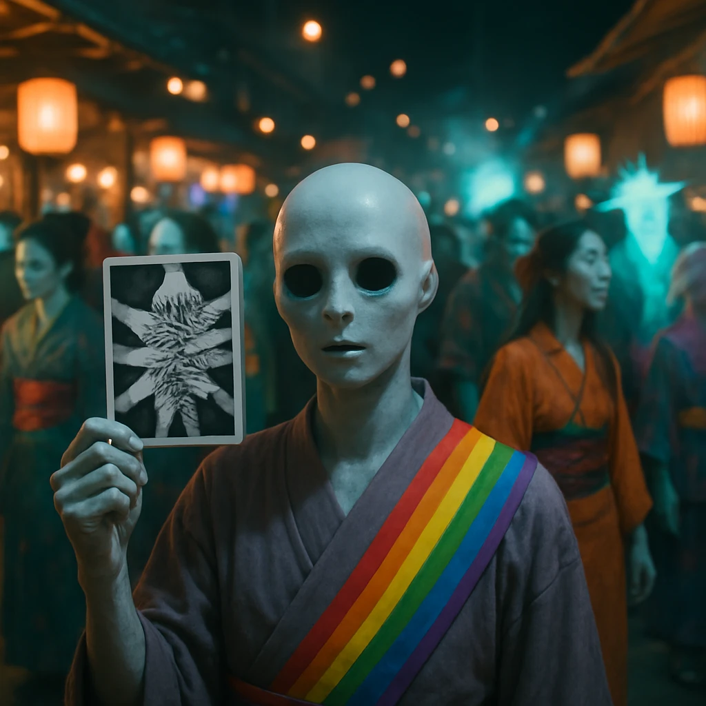 夜の妖怪バザールで、虹色のタスキをかけた妖怪が人気のアセクシュアル絵札を掲げている様子。