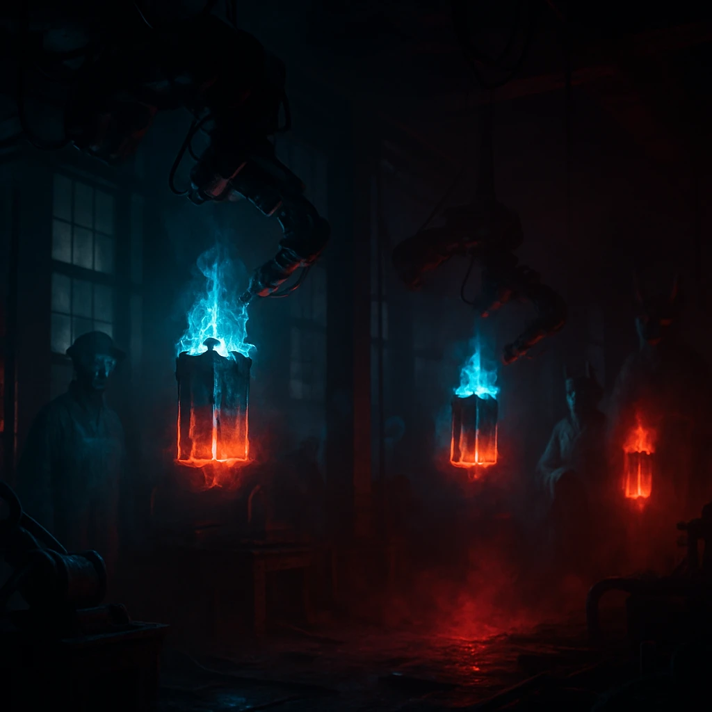 暗い工場内で自律的に浮遊する機械が鬼火の揺らめくバッテリーを組み立て、妖怪の技師たちが監督している様子。