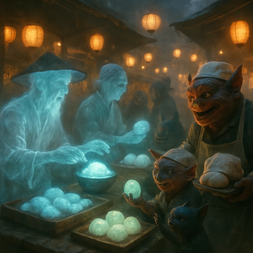 あの世の市場で幽霊商人と妖怪の店主たちが発光する食材を交換する賑やかな様子の写真風イメージ。