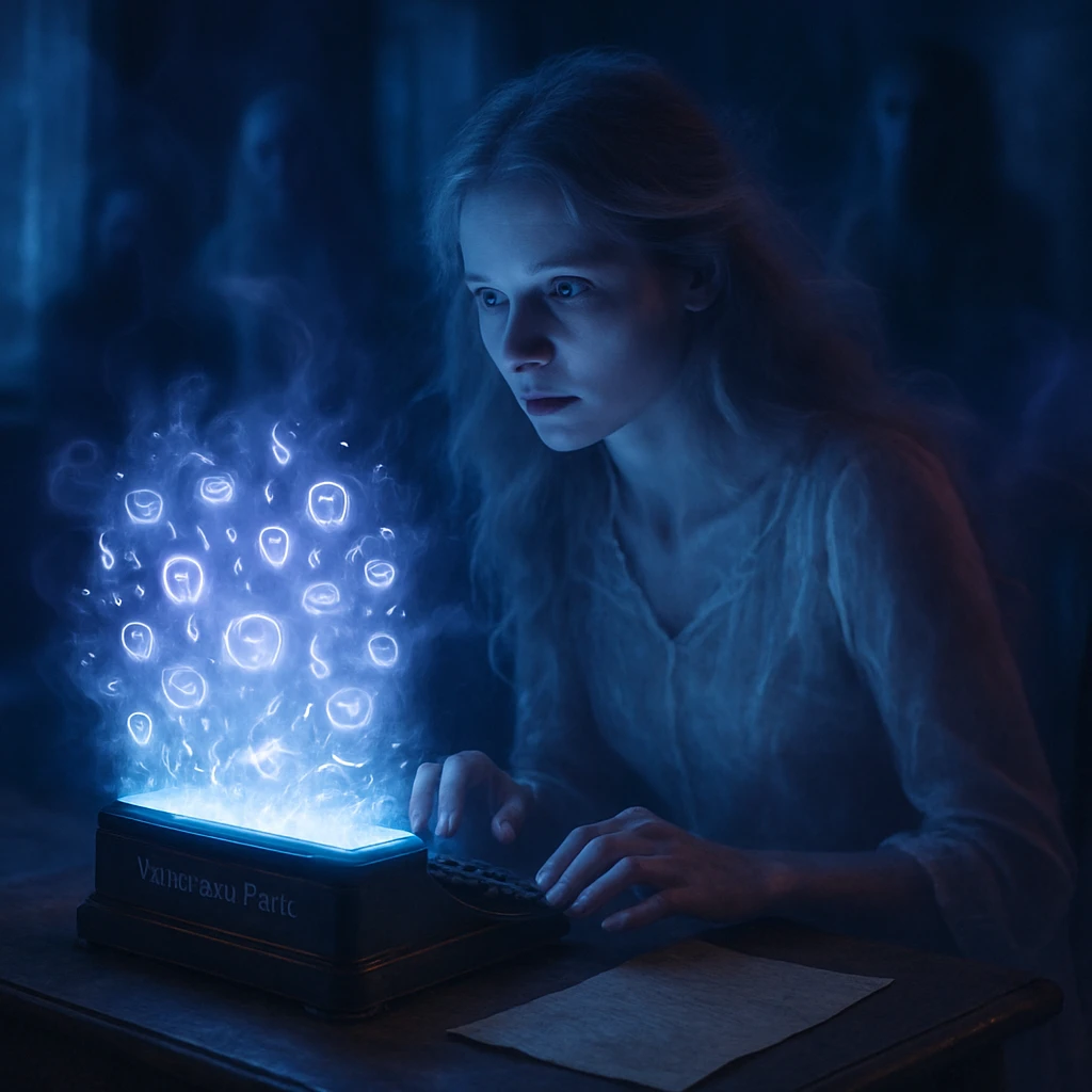 古びた机の上で発光する端末から大量の霊的通知を受け取る幽霊作家が、不安そうに座っている様子。