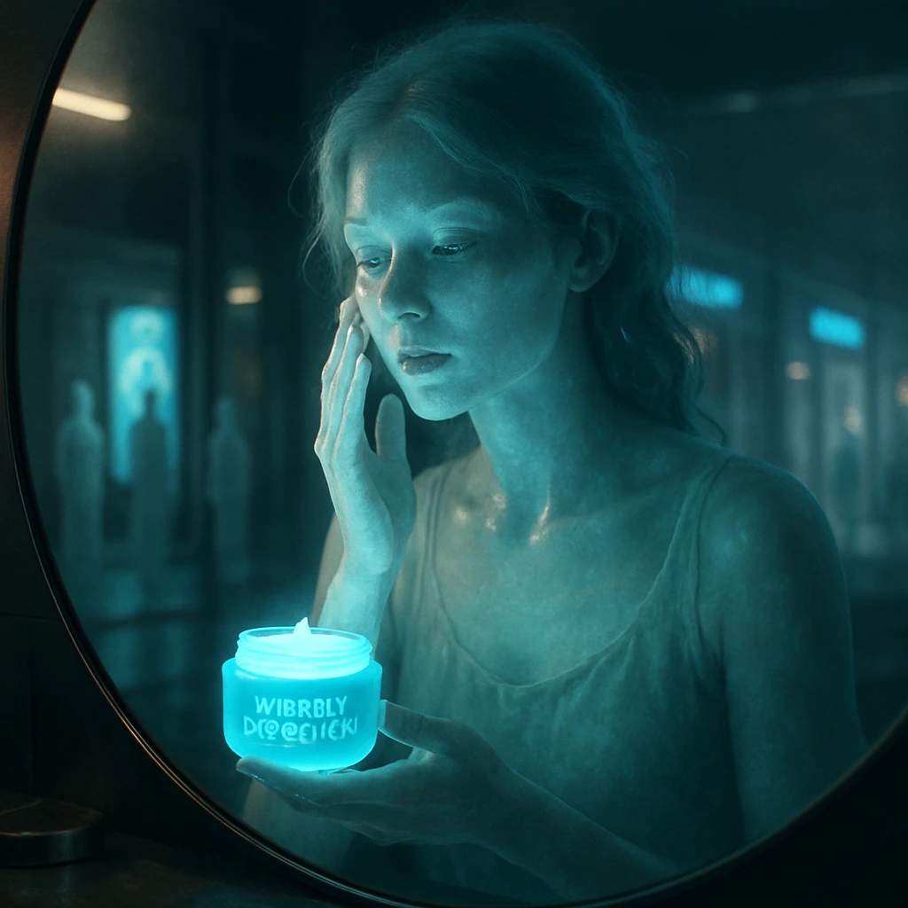 半透明の若い女性幽霊が夜の墓場モールの明かりの下で最先端の保湿クリームを塗っているリアルな写真風画像。