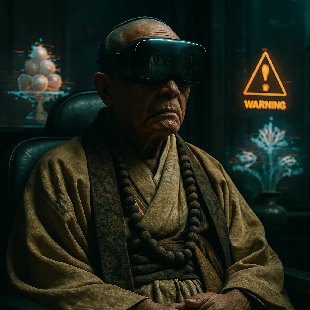 薄暗い近未来風のサロンで装着型VRゴーグルをかけた高齢の斎主が座り、背後にホログラム供物やデジタル花輪が揺らめいている様子。