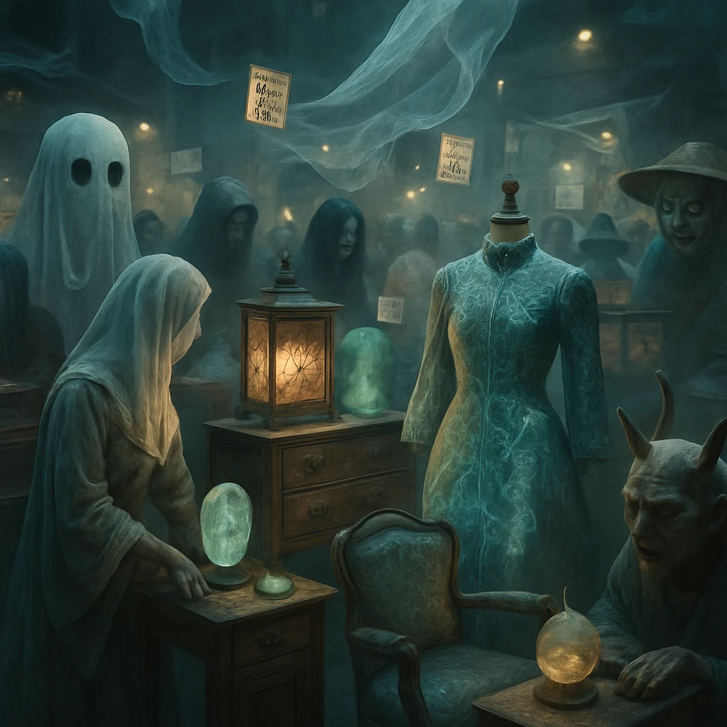 霧がかった異界の市で、幽霊や妖怪がアップサイクル品を囲み賑わう様子を写した写真風画像。