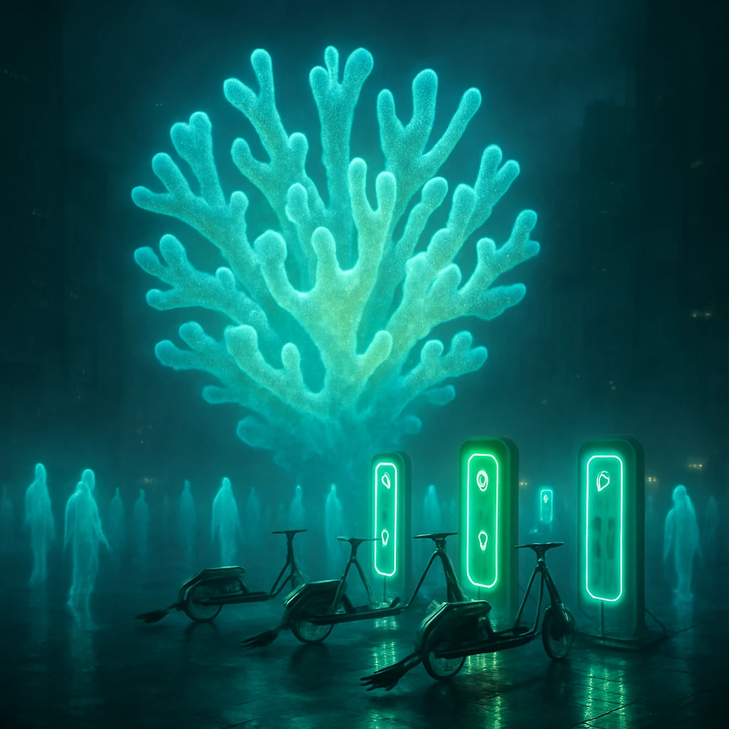 夜の冥界都市で、発光する幽魂リーフとエーテル充電所に集まる幽霊たちが描かれたリアルな写真風のイメージ。