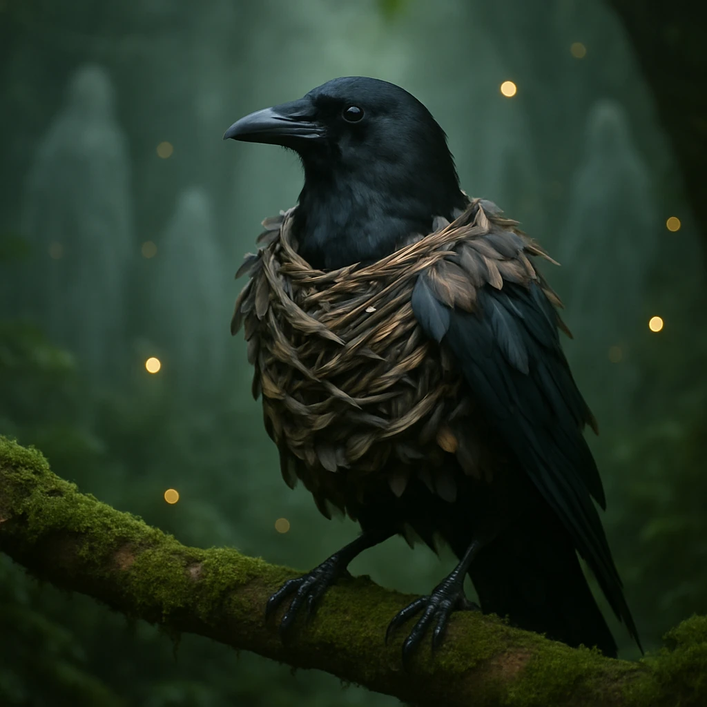 幻想的な森の中、羽根から作られた巣衣をまとったカラスが苔むした枝にとまっている写真。