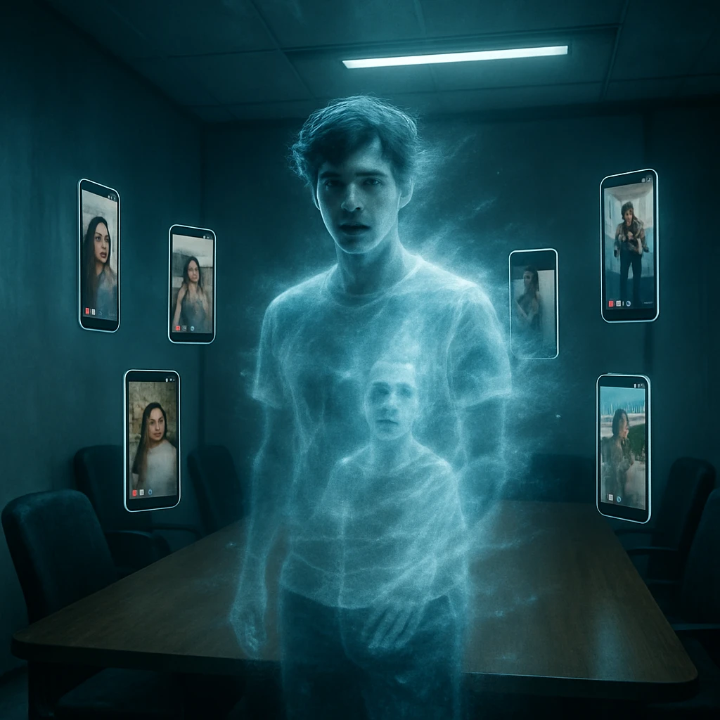 幽界風の会議室で幽霊の若者が半透明な姿で瞬間移動している様子を写した写真風画像。