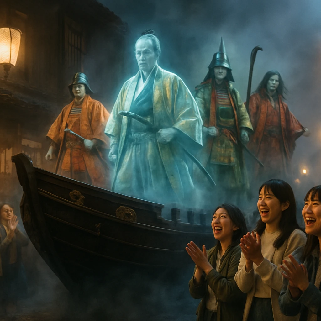 幕末の志士たちの華やかな衣装姿の幽霊が大きな黒船型フロートの上でパレードし、現代の歴女たちが歓声を上げる夜の江戸下町の通りの様子。