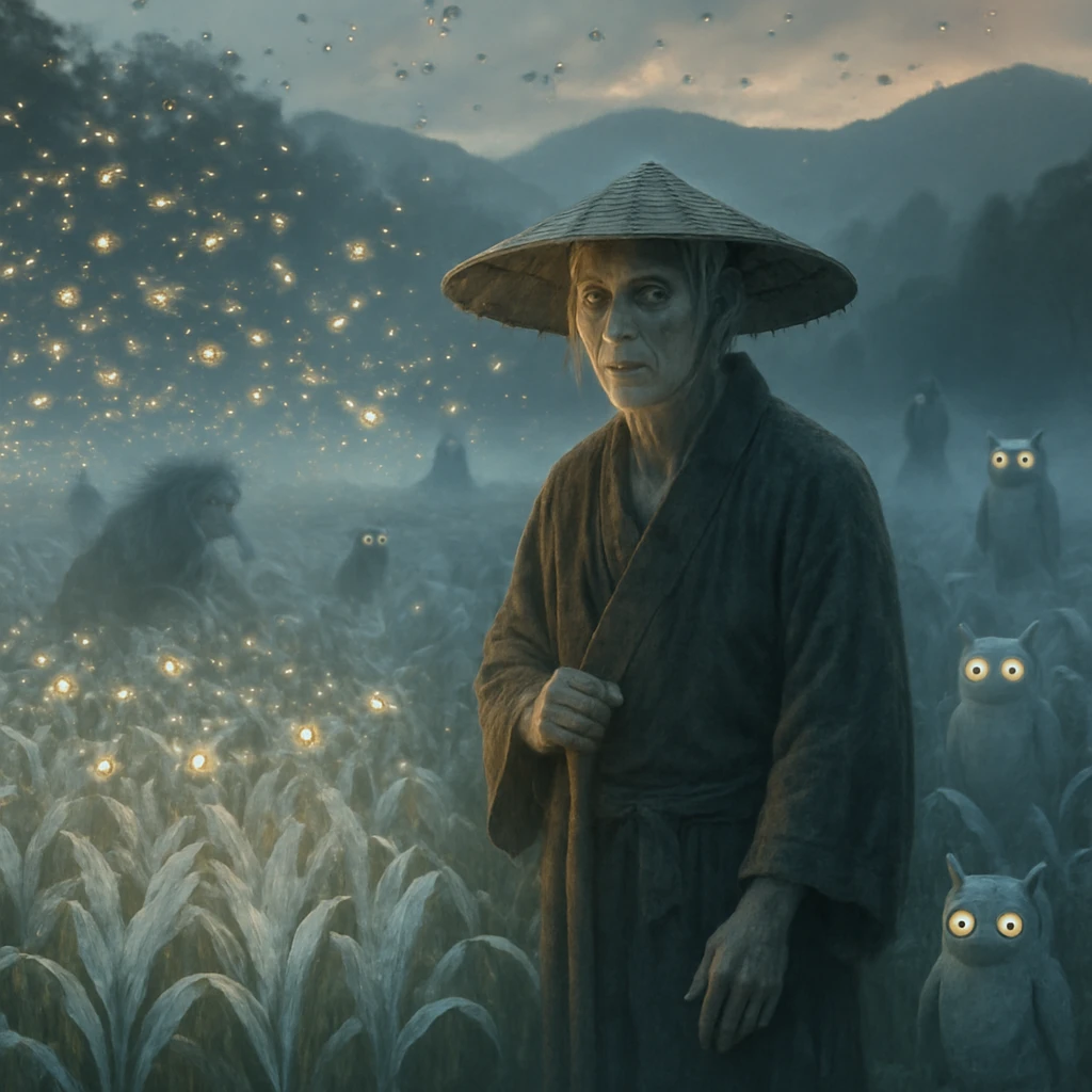 霧に包まれた谷のスマート農場で発光する分子ロボ昆虫が透明な作物の上を飛び交い、和装の幽霊営農士が見守る様子。