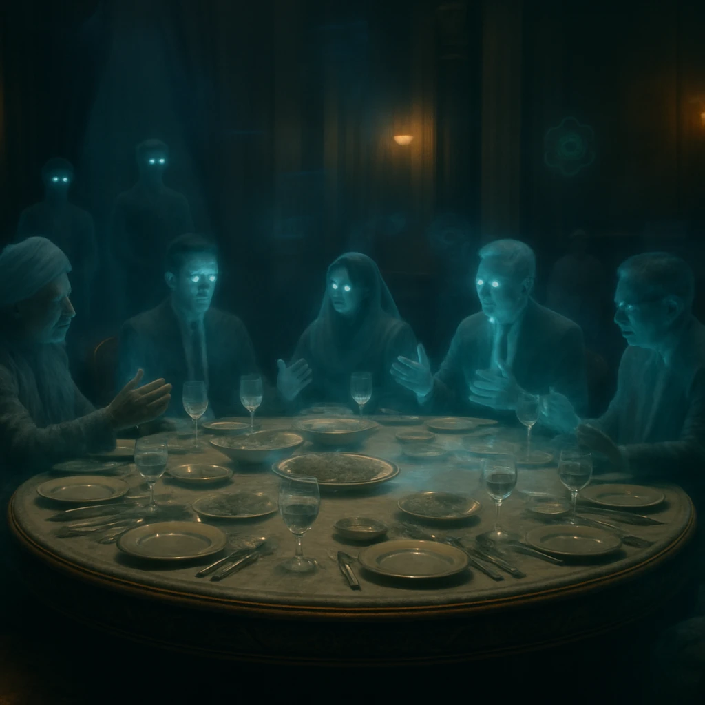 豪華な晩餐会場で、半透明の料理を囲みながら複数の幽霊や妖怪が会談している様子。