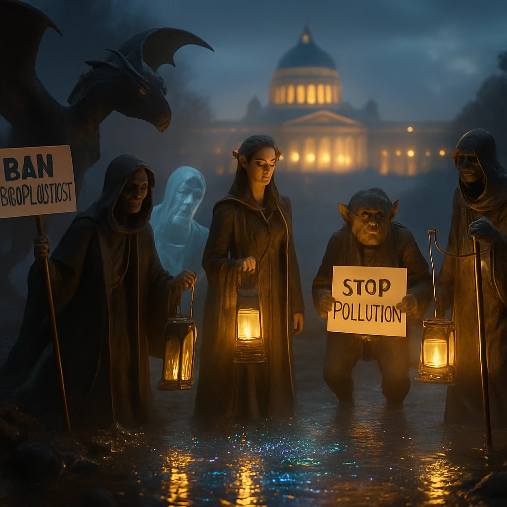 虹色に光る粒子が浮かぶ魂河のほとりで、龍や死神たちが集まる集会の様子を写した写真風画像。