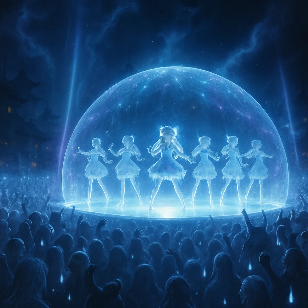 夜の魂都で結界ドーム内の光るステージに立つ6人組アイドルと、涙を流す霊体や妖怪の群衆を写したコンサート風景。