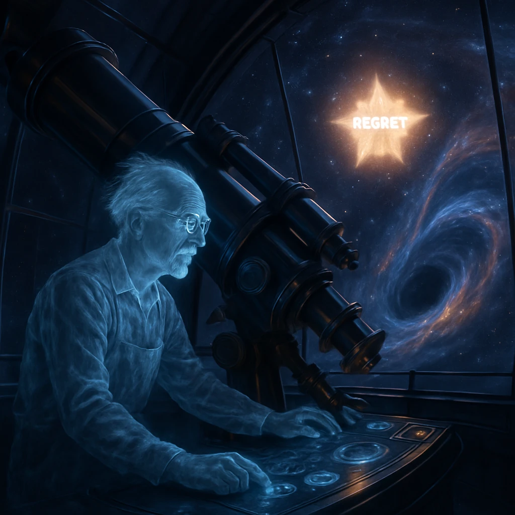 幽霊の技師が未来的な観測所で巨大な望遠鏡を操作し、“未練の星”が輝く異界の宇宙を窓越しに見ている。