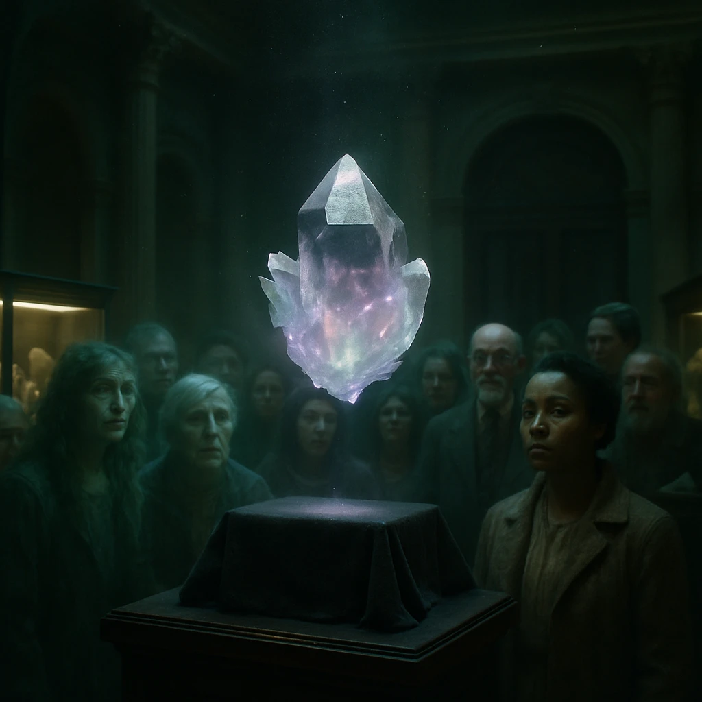 会場中央に浮かぶ透明な石英を多くの来場者が様々な表情で見つめている写真。