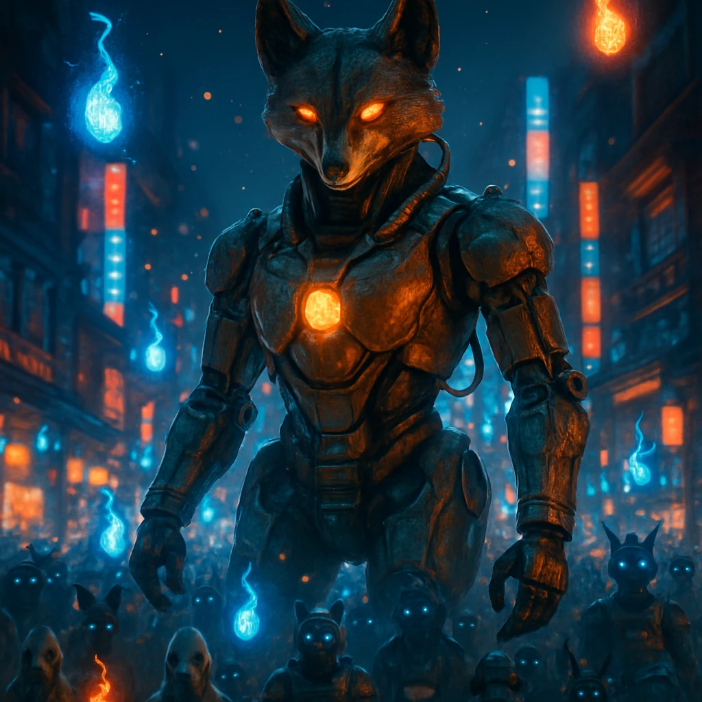 夜の異界都市で、巨大な狐火ロボットが光る妖怪ロボたちとパレードを行い、幽霊市民たちが見守っている写真風のシーン。