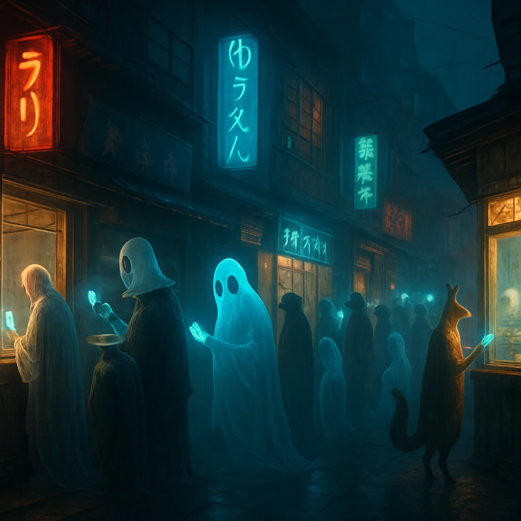 霧に包まれた夜の商店街で、幽霊や妖怪たちが店先で光るファントムカードを使って支払う様子の写真風イメージ。