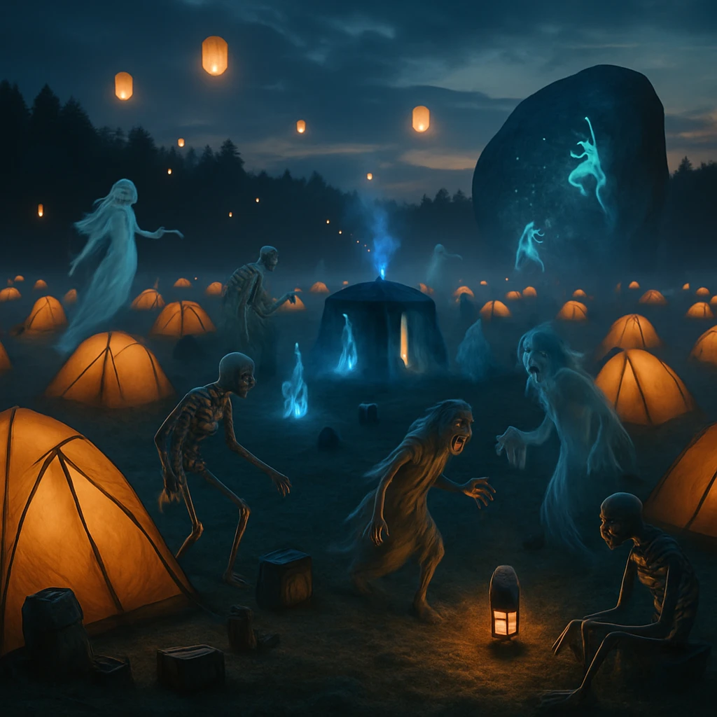 闇に包まれたキャンプ場で、幽霊や妖怪、骨が集う光るテントと幻想的な湯けむりが広がる写真風の一場面。